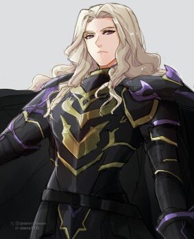 1boy belt black_belt black_cape cape closed_mouth commentary dietrich_(fire_emblem) english_commentary fire_emblem fire_emblem:_fortune&#039;s_weave gold_trim grey_background grey_hair highres long_hair looking_at_viewer male_focus nintendo purple_eyes sierra117renner simple_background solo twitter_username wavy_hair