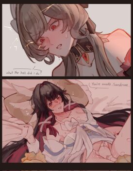 Rule 34 | 2girls, after fingering, bare shoulders, bite mark, bite mark on breast, bite mark on neck, bite mark on thigh, black border, black collar, blonde hair, blush, border, bow, bowtie, breasts, brown hair, cleavage, clothes pull, collar, collarbone, columbina (genshin impact), commentary, corrupted twitter file, detached collar, doll joints, dress, dress pull, english text, eni (enidaisy69), eye mask, feathered wings, genshin impact, grey background, hair ornament, half-closed eyes, hand between thighs, hashtag-only commentary, highres, joints, looking down, looking to the side, mask, medium breasts, multicolored hair, multiple girls, on bed, parted lips, purple eyes, purple hair, red eyes, sandrone (genshin impact), shoulder blush, smile, speech bubble, sweat, teeth, twintails, two-tone hair, upper body, white bow, white bowtie, white dress, wing hair ornament, wings, x hair ornament, yuri