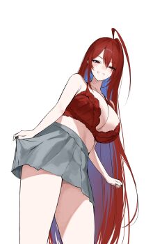 1girl ahoge blush bra breasts colored_inner_hair cowboy_shot double-parted_bangs elizabeth_rose_bloodflame grey_skirt hair_between_eyes hashtag-only_commentary highres hololive hololive_english huge_ahoge large_breasts long_hair looking_at_viewer midriff miniskirt mulhubs multicolored_hair red_bra red_eyes red_hair skirt skirt_hold smile solo thighs underwear very_long_hair virtual_youtuber