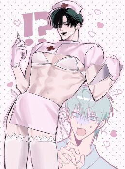 Rule 34 | !?, 186cm78kg, 2boys, alien stage, alternate costume, black hair, bra, commentary request, crop top, crossdressing, crossdressing (mtf), gloves, grey hair, hat, heart, highres, holding, holding syringe, ivan (alien stage), lace, lace-trimmed thighhighs, lace trim, male focus, multiple boys, nurse, nurse cap, open mouth, pink gloves, pink shirt, pink skirt, polka dot, polka dot background, shirt, skirt, syringe, thighhighs, till (alien stage), underwear, white bra