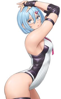1girl armpits artist_request bare_shoulders blue_eyes blue_hair blush breasts dead_or_alive dead_or_alive_6 elbow_pads female_focus fingerless_gloves glasses gloves hair_ornament hairclip highres jewelry leotard looking_at_viewer looking_back medium_breasts necktie nico_(doa) open_mouth parted_lips ring shiny_clothes shiny_skin short_hair sideboob simple_background solo thigh_strap white_background