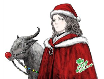 1girl alternate_costume brown_hair christmas cloak clown_nose commentary dated elden_ring expressionless facial_tattoo fur-trimmed_cloak fur_trim hat hood hooded_cloak horizontal_pupils horns horse looking_ahead medium_hair melina_(elden_ring) one_eye_closed red_cloak red_nose reins santa_hat signature simple_background star_(symbol) symbol-only_commentary tattoo tobita_nikiichi torrent_(elden_ring) white_background yellow_eyes