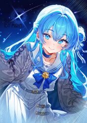 1girl animated artist_name belt blue_bow blue_bowtie blue_eyes blue_hair blush bow bowtie by_mirin choker closed_mouth collar commission earrings eyelashes glint hair_between_eyes hololive hoshimachi_suisei jewelry lineart long_hair looking_at_viewer making-of monochrome night night_sky sailor school shooting_star simple_background sketch sky smile solo star_(sky) sweater uniform upper_body video virtual_youtuber watermark white_background