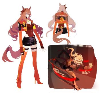 1girl adapted_costume animal_ears black_panties black_skirt boots bow breasts brown_hair cleavage ear_bow full_body hand_on_own_hip high_heel_boots high_heels highleg highleg_panties highres horse_ears horse_girl horse_tail jacket long_hair looking_to_the_side maruzensky_(umamusume) motion_lines open_clothes open_jacket panties race_queen red_boots red_jacket running skirt smile szrimp tail thigh_boots umamusume underwear