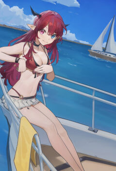 Rule 34 | 1girl, absurdres, bikini, bikini skirt, black bikini, blue eyes, boat, breasts, choker, cleavage, day, dotr art, halterneck, heterochromia, highres, hololive, hololive english, horns, irys (hololive), irys (irys 2.0) (hololive), jewelry, long hair, medium breasts, microskirt, multiple horns, ocean, on boat, outdoors, pointy ears, purple eyes, red bikini, red hair, red nails, ship deck, skirt, solo, string bikini, swimsuit, very long hair, virtual youtuber, watercraft, white skirt