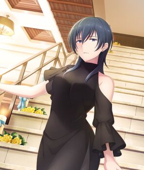 Rule 34 | 1girl, asymmetrical sleeves, black dress, black hair, breasts, chandelier, closed mouth, clothing cutout, cowboy shot, double-parted bangs, dress, dutch angle, earrings, flower, formal clothes, game cg, indoors, jewelry, large breasts, long hair, long sleeves, looking at viewer, official art, outstretched arm, purple eyes, rose, short sleeves, shoulder cutout, single bare shoulder, solo, souraku yuzuki, stairs, stud earrings, third-party source, toji no miko, toji no miko: kizamishi issen no tomoshibi, tsurime, yellow flower, yellow rose