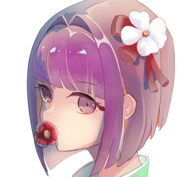 Rule 34 | 1girl, aicc, colored inner hair, eyeliner, flower, flower over mouth, hair flower, hair intakes, hair ornament, hair ribbon, hieda no akyuu, highres, makeup, multicolored hair, orange hair, portrait, purple eyes, purple hair, red eyeliner, red flower, red ribbon, ribbon, short hair, simple background, solo, touhou, white background, white flower