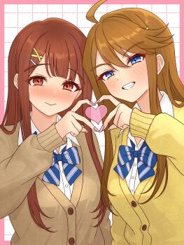 2girls 82k_mugi ahoge blue_bow blue_eyes blush border bow bowtie brown_cardigan brown_hair cardigan closed_mouth fingernails grid_background grin hair_ornament hairclip hashtag-only_commentary heart heart_hands heart_hands_duo highres idolmaster idolmaster_million_live! long_hair long_sleeves multiple_girls nail_polish outside_border pink_border pink_nails red_eyes side-by-side smile striped_bow striped_bowtie striped_clothes tanaka_kotoha tokoro_megumi upper_body x_hair_ornament yellow_cardigan