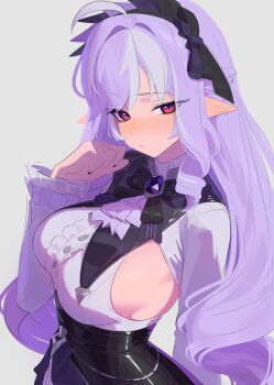 1girl absurdres anonds31 ascot black_background black_nail_polish black_nails black_pantyhose black_skirt breasts center_frills closed_mouth dress frills high-low_skirt highres large_breasts long_hair looking_at_viewer medium_breasts mole mole_under_eye pantyhose pointy_ears purple_ascot purple_hair shrug_(clothing) simple_background skirt sleeveless sleeveless_dress smile solo vampire vivian_banshee white_background white_dress wide_sleeves zenless_zone_zero