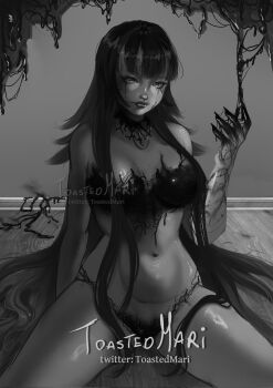 Rule 34 | 1girl, artist logo, artist name, bikini, black bikini, black hair, black liquid, breasts, cleavage, emma llama, fingernails, greyscale, highres, indie virtual youtuber, ink, large breasts, lips, liquid clothes, liquid from eyes, logo, long hair, looking at viewer, monochrome, multicolored hair, navel, on floor, sharp fingernails, shiny skin, sitting, solo, streaked hair, swimsuit, twitter username, virtual youtuber, xxmarynataxx