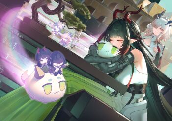 3girls :3 absurdres ahoge animal_ears arknights arknights:_endfield bandaid_on_horn bare_shoulders black_coat black_gloves black_hair black_mask black_pantyhose blanket blue_horns blue_sky blunt_bangs blush bonsai breasts chibi cleavage cleavage_cutout closed_eyes clothing_cutout coat commentary_request covered_mouth dragon_bean_(arknights) dragon_girl dragon_horns dress eastern_dragon_horns elbow_gloves endministrator_(arknights) eyepatch eyeshadow female_endministrator_(arknights) gloves green_dress green_eyes green_hair grey_sweater hair_intakes hair_ornament hair_over_one_eye hairclip happy high_collar highres holding holding_blanket horns hugging_object jacket large_breasts long_hair long_sleeves makeup mask medium_breasts mi_fu_(arknights) mole mole_on_breast multicolored_eyes multiple_girls object_riding open_clothes open_coat open_mouth outdoors pantyhose parallel_hairclips pink_hair pointing pointy_ears rainbow red_eyes red_eyeshadow red_gloves red_horns sanzuitaroh shirt short_eyebrows short_hair shorts sitting sky sleeveless sleeveless_dress smile sparkle sweater table tail tangtang_(arknights) tiger_ears tiger_girl tiger_tail two-tone_dress white_dress white_shirt wispy_bangs zhuang_fangyi_(arknights)