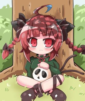 1girl :3 ahoge animal_ears black_ribbon black_shoes blunt_bangs blush braid cat_ears cat_girl cat_tail chibi closed_mouth commentary_request crossed_legs forest full_body highres kaenbyou_rin leg_ribbon long_sleeves looking_at_viewer medium_hair multiple_tails nature outdoors red_eyes red_hair ribbon seputok0904 shoes side_braids sitting solo tail touhou tree twin_braids two_tails