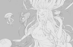 Rule 34 | 1girl, absurdres, abyssal jellyfish princess, abyssal ship, bare shoulders, breasts, cleavage, dress, floating hair, frilled dress, frills, greyscale, highres, jellyfish, kantai collection, kukurus, large breasts, long hair, looking at viewer, monochrome, one eye covered, parted lips, simple background, strapless, strapless dress, very long hair