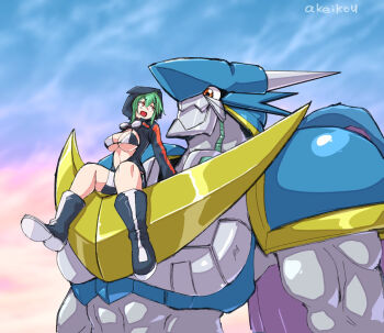 1girl akeikou artist_name bike_shorts bikini bikini_top_only black_bikini black_jacket boots breasts brown_eyes cleavage commentary_request covered_erect_nipples digimon digimon_(creature) digimon_world_re:digitize dragon full_body goggles goggles_around_neck green_hair hair_between_eyes highres hood hood_up hooded_jacket hoodie jacket large_breasts long_sleeves looking_at_another multicolored_bikini open_clothes open_jacket open_mouth orange_eyes outdoors partially_unzipped red_eyes revealing_clothes shinomiya_rina short_hair short_hair_with_long_locks sidelocks sitting smile standing swimsuit two-tone_bikini ulforcev-dramon underboob white_bikini
