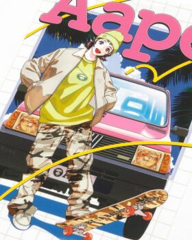 Rule 34 | 1girl, a bathing ape, beanie, brown eyes, brown hair, brown jacket, brown pants, camouflage, camouflage pants, car, commentary, copyright name, english commentary, hands in pockets, hat, head tilt, highres, jacket, looking at viewer, motor vehicle, official art, pants, photo (medium), shirt, shoes, short hair, skateboard, smile, sneakers, solo, streetwear, tree 13, vehicle request, white shoes, yellow hat, yellow shirt