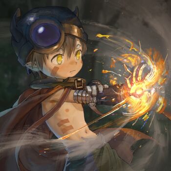 1boy brown_hair cape chenyige fake_horns fire hair_between_eyes helmet horned_helmet made_in_abyss male_focus mechanical_arms mechanical_hands navel nipples red_cape reg_(made_in_abyss) solo