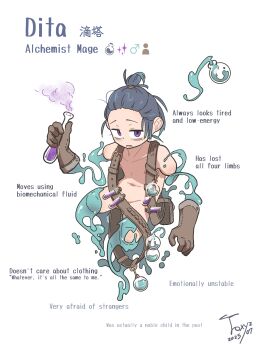 1boy amputee convenient_censoring english_text gloves highres leather leather_belt leather_gloves male_focus potion purple_eyes shota slime_(substance) toxyz