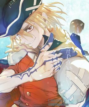1boy armor blonde_hair brown_hair cape dr._stone grin hair_between_eyes happy_birthday hashtag-only_commentary hat highres looking_at_viewer male_focus nanami_ryuusui red_eyes red_shirt shirt short_hair shoulder_armor smile tattoo upper_body urushi_(0911gracias)