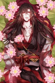 Rule 34 | 1boy, absurdres, afloat, ahoge, bishounen, black hair, black hanfu, bleeding, blood, blood from mouth, blood in water, blood on face, blood on flower, blood on neck, branded, brown hair, chinese clothes, coat, collarbone, commentary request, eyelashes, flower, from above, grey coat, grey sash, hair between eyes, hair down, hair ribbon, half updo, hanfu, highres, kanda faf2, leaf, long hair, long sleeves, looking at viewer, lotus, lotus leaf, lying, male focus, modao zushi, off shoulder, official alternate costume, official alternate hairstyle, on back, open clothes, open coat, parted lips, partially submerged, pectoral cleavage, pectorals, petals, pink flower, red eyes, red ribbon, red sash, ribbon, robe, sash, scar, scar on chest, sidelocks, solo, twitter username, upper body, water, wei wuxian, wei wuxian (yiling laozu)
