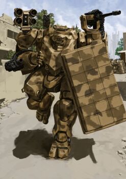 arm_mounted_weapon blue_sky camouflage cloud gun highres holding holding_shield mecha mecha_focus missile_pod original robot ruins running science_fiction shadow shield sky tyokugekidato weapon woodland_camouflage