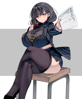 1girl absurdres black_hair black_thighhighs breasts brown_eyes commission crossed_legs highres holding holding_paper huge_breasts jacket kouno_(masao) looking_at_viewer mole mole_under_mouth open_clothes open_jacket original paper see-through_cleavage see-through_clothes short_hair simple_background sitting skeb_commission skirt smile solo teacher thighhighs two-tone_background