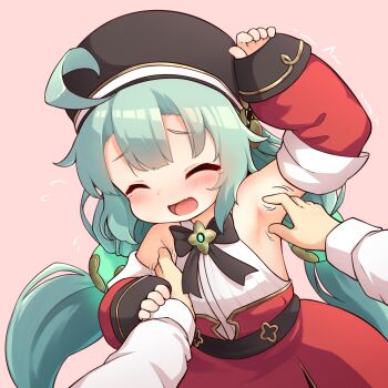 1girl 1other absurdres ahoge aqua_hair arm_up armpit_focus armpits azur_lane bare_shoulders beret black_bow black_bowtie black_hat blush bow bowtie closed_eyes commentary_request detached_sleeves dress_shirt facing_viewer flat_chest furrowed_brow glowworm_(azur_lane) glowworm_(retrofit)_(azur_lane) hat high-waist_skirt highres loli long_hair low_twintails motion_lines open_mouth pink_background pov pov_hands red_skirt red_sleeves shirt shoboimu skirt sleeveless sleeveless_shirt sleeves_past_wrists smile solo_focus tearing_up tickling tickling_armpits twintails very_long_hair white_shirt