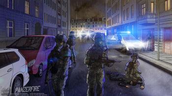 1boy 5others artist_name assault_rifle building bundeswehr car corpse deviantart_username facebook_username g36 gas_mask german_army german_text germany gun holding holding_gun holding_weapon lamppost machine_gun mask mg3 military military_uniform motor_vehicle multiple_others original panzerfire pixiv_id pixiv_username police police_car rain rifle road street weapon