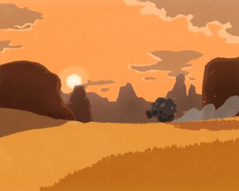 artist_name cloud commentary_request dust embers from_side full_body gen_8_pokemon highres nintendo no_humans outdoors pokemon pokemon_(creature) pokemon_focus rolycoly scenery sky solo sun yam_art_o