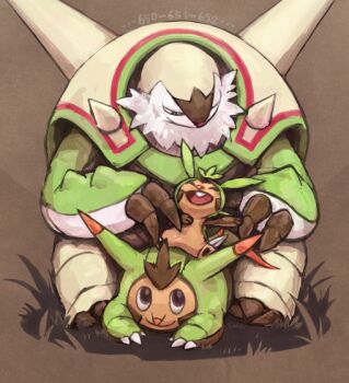 Rule 34 | brown background, chesnaught, chespin, closed eyes, closed mouth, commentary request, evolutionary line, gen 6 pokemon, grass, nintendo, odo 7ta, open mouth, pokedex number, pokemon, pokemon (creature), pokemon focus, quilladin, sitting, smile, spikes