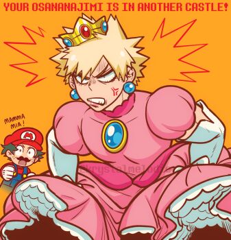 2boys :o ^^^ alternate_universe anger_vein angry anime_coloring artist_name bakugou_katsuki black_eyes blonde_hair bloodshot_eyes blue_gem blue_overalls boku_no_hero_academia bright_pupils chibi chibi_inset clenched_teeth collared_dress collared_shirt commentary constricted_pupils cosplay cropped_torso crossdressing crossdressing_(mtf) crown dress earrings english_commentary english_text facial_hair freckles furrowed_brow gem gloves gold_crown green_hair grimace hat highres holding_own_dress italian_text jeweled_crown jewelry krystalmelodie long_sleeves looking_ahead looking_at_another lower_lip_only male_focus mario mario_(cosplay) midoriya_izuku multiple_boys mustache newsboy_cap open_mouth orange_background orange_eyes overalls parody pink_dress pink_lips pointed_crown princess_peach princess_peach_(cosplay) puffy_short_sleeves puffy_sleeves red_gem red_hat red_shirt romaji_text shirt short_eyebrows short_hair short_sleeves simple_background sphere_earrings spiked_hair talking teeth turn_pale upper_body v-shaped_eyebrows white_gloves white_pupils
