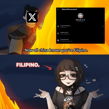 1boy 1girl absurdres arrow_(symbol) black-framed_eyewear black_choker black_eyes black_hair black_shirt blunt_bangs bra_strap choker commentary english_commentary english_text fire glasses hair_ornament hairclip highres li_shang_(disney) looking_at_viewer medium_hair mikuneki mulan_(movie) open_mouth original parallel_hairclips photo_inset riyo_kaede_(mikuneki) scene_reference semi-rimless_eyewear shirt shrugging smile twitter under-rim_eyewear up_(movie)