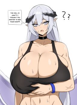 1girl absurdres black_choker black_sports_bra breasts choker dotthebot english_text hair_between_eyes highres horns long_hair original pointy_ears purple_eyes smile solo speech_bubble sports_bra valenia_(dotthebot) white_background white_hair wings