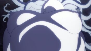 1girl animated animated_gif anime_screenshot armpit_crease arms_at_sides berserk breasts collarbone completely_nude eyelashes falling fantasy female_focus floating_hair giant giantess green_eyes green_hair highres huge_filesize large_breasts leaning_back lips living_hair looking_at_viewer looking_up matching_hair/eyes mature_female neck night night_sky nipples nude official_art outdoors pale_skin parted_bangs ribs sky slan_(berserk) slit_pupils stomach surreal topless_frame underboob upper_body wavy_hair