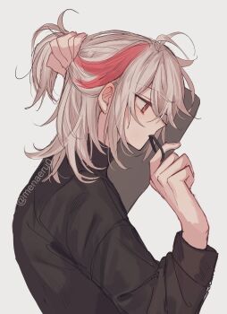 1boy antenna_hair commentary_request genshin_impact hair_tie_in_mouth highres holding holding_own_hair kaedehara_kazuha male_focus menaeru0 messy_hair mouth_hold multicolored_hair red_eyes red_streaks solo turtleneck two-tone_hair tying_hair watermark white_background