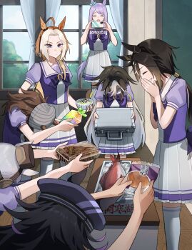 6+girls ahoge animal_ears aqua_bow beanie black_hair blush bow bowing breasts briefcase brown_hair brown_hat carrot cellphone classroom closed_eyes closed_mouth desk dream_journey_(umamusume) ear_bow ear_covers ear_ornament ear_ribbon ears_through_headwear fenomeno_(umamusume) fish flipped_hair food gift gold_ship_(umamusume) grey_hair grey_hat hair_between_eyes hair_intakes hat highres himo_(user_rzgz5877) holding holding_briefcase holding_gift holding_phone horse_ears horse_girl horse_tail indoors long_hair mejiro_mcqueen_(umamusume) multicolored_hair multiple_girls nakayama_festa_(umamusume) noodles open_mouth orange_hair orfevre_(umamusume) pastry peaked_cap phone pillbox_hat pleated_skirt ponytail puffy_short_sleeves puffy_sleeves purple_bow purple_eyes purple_hair purple_sailor_collar purple_serafuku purple_shirt purple_skirt sailor_collar sailor_shirt school_uniform serafuku shirt short_sleeves single_ear_cover skirt smile soup stay_gold_(umamusume) stay_gold_clan_(umamusume) streaked_hair summer_uniform tail taking_picture teeth thighhighs tracen_school_uniform two-tone_hair umamusume white_hair white_sailor_collar white_skirt white_thighhighs window yakisoba
