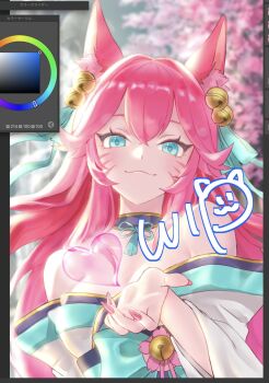 1girl ahri_(league_of_legends) animal_ear_fluff animal_ears aqua_eyes aqua_ribbon art_program_in_frame bare_shoulders bell blurry blurry_background cherry_blossoms closed_mouth double-parted_bangs facial_mark fingernails fox_ears fox_girl hair_bell hair_between_eyes hair_ornament hand_up heart highres japanese_clothes kimono league_of_legends long_fingernails long_hair looking_at_viewer official_alternate_costume official_alternate_hair_color official_alternate_hairstyle outdoors pink_nails portrait ribbon smy_(smy119812) snake_mouth solo spirit_blossom_ahri unfinished whisker_markings