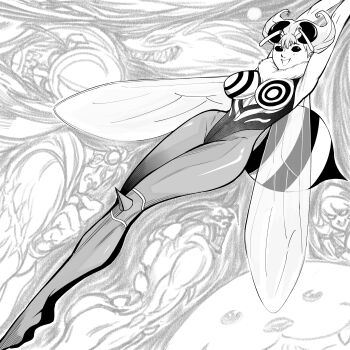 Rule 34 | 1girl, absurdres, antenna hair, arms up, arthropod girl, b.b. hood, bb (baalbuddy), bee girl, bishamon (darkstalkers), breasts, character request, darkstalkers, greyscale, highres, insect girl, insect wings, jon talbain, leotard, lord raptor, monochrome, q-bee, sasquatch (darkstalkers), solo focus, strapless, strapless leotard, victor von gerdenheim, wings