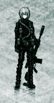 Rule 34 | 11e10, 1girl, absurdres, ammunition pouch, aqua theme, battle rifle, blizzard, boots, faux traditional media, full body, gas mask, gloves, gun, hair between eyes, hair ornament, hairclip, hashtag-only commentary, highres, holding, holding gun, holding weapon, ice, jacket, light smile, looking at viewer, marie (peripeteia), mask, monochrome, outdoors, pants, peripeteia, pouch, reflective floor, rifle, scar, scar on face, short hair, snow, snowing, blizzard, solo, standing, unworn mask, weapon, winter, winter clothes