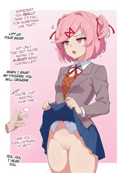 1girl 1other absurdres ai-assisted blue_skirt border breasts brown_sweater_vest cleft_of_venus clothes_lift commentary cowboy_shot disembodied_hand doki_doki_literature_club doki_doki_literature_club_school_uniform dress dress_shirt empty_eyes english_commentary english_text fangs female_orgasm grey_jacket groin guilegaze hair_intakes hair_ribbon highres hypnosis jacket lapels lifting_own_clothes mind_control natsuki_(doki_doki_literature_club) neck_ribbon no_panties open_mouth orgasm outside_border pink_background pink_eyes pink_hair pleated_skirt pussy red_ribbon ribbon school_uniform shiny_skin shirt short_hair short_twintails skirt skirt_lift small_breasts snapping_fingers squeans sweater_vest thighs twintails uncensored white_border white_shirt