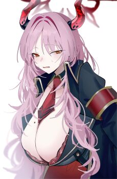 Rule 34 | 1girl, :o, absurdres, armband, black coat, blue archive, blush, bra, breasts, coat, commentary request, dantyou2525, demon horns, halo, highres, horns, huge breasts, long hair, looking at viewer, messy hair, mole, mole on breast, necktie, pink hair, red armband, red bra, red eyes, red necktie, satsuki (blue archive), simple background, solo, sweatdrop, underwear, upper body, very long hair, white background