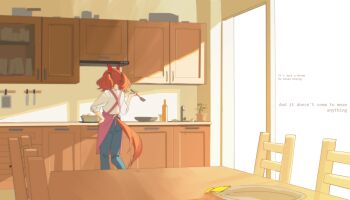 1girl absurdres animal_ears apron brown_hair commentary denim ear_covers english_commentary from_behind hand_on_own_hip highres holding holding_spatula horse_ears horse_girl horse_tail indoors jeans kitchen myticalcat nice_nature_(umamusume) pants pink_apron shirt short_hair solo spatula tail twintails umamusume white_shirt