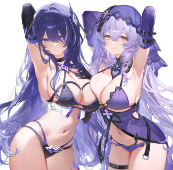 2girls acheron_(honkai:_star_rail) arm_up armpit_crease armpits arms_up asymmetrical_docking bikini black_swan_(honkai:_star_rail) bra breast_press breasts cameltoe choker closed_mouth cowboy_shot deep_skin detached_collar expressionless facing_viewer gloves hair_ornament hands_up highres honkai:_star_rail honkai_(series) huge_breasts large_breasts lingerie long_hair looking_at_viewer machi_(machi0910) mixed-language_commentary multiple_girls navel panties purple_eyes purple_hair revealing_clothes bad_tag shiny_skin simple_background skindentation smile stomach strap_gap sweat swimsuit symmetrical_docking thick_thighs thigh_strap thighs twitter_username underwear underwear_only veil very_long_hair wavy_hair white_background yellow_eyes