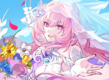 1girl bare_shoulders blue_sky bouquet breasts commentary cyrene_(honkai:_star_rail) cyrene_(ripples_of_past_reverie)_(honkai:_star_rail) diamond-shaped_pupils diamond_(shape) flower hashtag-only_commentary highres holding holding_bouquet honkai:_star_rail honkai_(series) large_breasts long_hair looking_at_viewer ojqi7 open_mouth pink_hair purple_eyes sky smile solo symbol-only_commentary symbol-shaped_pupils teeth upper_body upper_teeth_only veil very_long_hair white_hair
