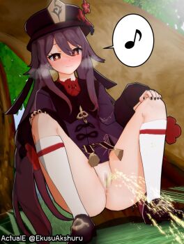 actualekusu ass censored flower hu_tao_(genshin_impact) long_hair mosaic_censoring peeing pussy socks star_eyes white_socks