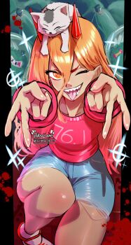 1girl ;p absurdres animal animal_on_head blonde_hair blue_shorts cat cat_on_head chainsaw_man demon_girl demon_horns double_v hair_between_eyes haysey highres horns knee_up long_hair long_hair_between_eyes meowy_(chainsaw_man) on_head one_eye_closed outstretched_arms pink_sweater power_(chainsaw_man) red_horns sharp_teeth short_shorts shorts solo sweater teeth tongue tongue_out v yellow_eyes