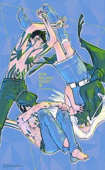 Rule 34 | 1girl, 2boys, absurdres, anniversary, arms up, artist name, barefoot, bead necklace, beads, belt, black hair, black nails, black shorts, blue background, blue dress, body horror, commentary request, copyright name, covering own mouth, demi-fiend, denim, denim boots, denim dress, dress, eputo (murockyou), fetal position, full-body tattoo, hat over one eye, highres, jeans, jewelry, long hair, monster arm, multiple boys, necklace, nitta isamu, pants, ring, shin megami tensei, shin megami tensei iii: nocturne, short hair, shorts, signature, sleeveless, sleeveless dress, tachibana chiaki (megami tensei), tattoo, topless male, torn clothes, torn jeans, torn pants, triangle, upside-down, white hair, yellow eyes