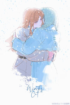 2girls absurdres bang_dream! bang_dream!_it&#039;s_mygo!!!!! blue_coat blue_eyes brown_hair coat commentary green_hair grey_coat highres huaxue_maomi hug long_hair long_sleeves multiple_girls nagasaki_soyo sidelocks snow wakaba_mutsumi white_background yuri