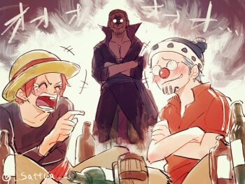 +++ 3boys abunaideka aged_down beer_mug blue_hair blush bottle buggy_the_clown closed_eyes coat commentary_request crossed_arms cup facial_hair glasses goatee hat highres male_focus menacing mug multiple_boys one_piece open_mouth red_hair red_nose sash shanks_(one_piece) silvers_rayleigh sitting straw_hat twitter_username wine_bottle