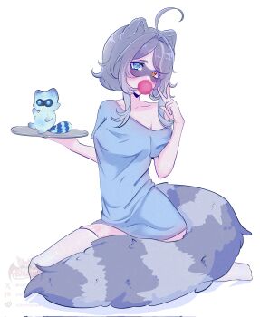 1girl 3am ahoge animal_ears blue_eyes blue_shirt chewing_gum commentary english_commentary eye_mask grey_hair heterochromia highres kikoyoarts mask oversized_clothes oversized_shirt plate raccoon raccoon_ears raccoon_girl raccoon_tail shirt short_hair snuffy_(vtuber) tail thighhighs thighs v virtual_youtuber white_background yellow_eyes