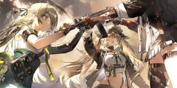 Rule 34 | 3girls, commentary request, dalanxia, girls' frontline, girls' frontline 2: exilium, green eyes, gun, h&amp;k ump, highres, holding, holding gun, holding weapon, lainie (girls' frontline 2), lenna (girls' frontline 2), leva (girls' frontline 2), long hair, multiple girls, official art, official wallpaper, open mouth, submachine gun, tree, ump40 (girls' frontline), ump45 (girls' frontline), ump9 (girls' frontline), weapon